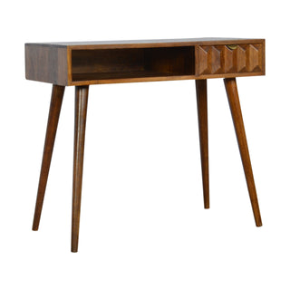 Side angle view of Ashen Writing Desk Solid Wood Pyramid-Carved Drawer Grey Chestnut with Open Slot