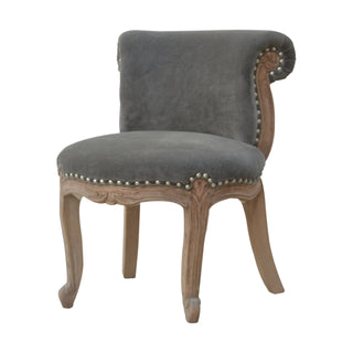 Angled view of Ashford Accent Chair Grey Velvet Studded Scroll Back Cabriole