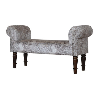 Angled view of Atlas Bedroom Bench Vintage Map Print Fabric Scroll Arms Turned Dark Walnut Legs