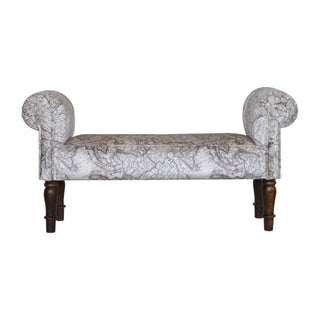 Front view of Atlas Bedroom Bench Vintage Map Print Fabric Scroll Arms Turned Dark Walnut Legs
