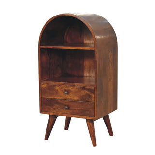 Side angle view of Aura Display Cabinet Arched Dome Top Open Shelves Chestnut with Drawers