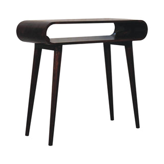 Side angle view of Aura Hallway Console Table California Walnut Open Loop Frame No Drawer
