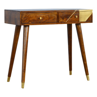 Side angle view of Aurea Console Table with Drawers Gold Geometric Panel Chestnut Wood