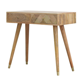 Side angle view of Aurel Console Table with Drawers Gold Diamond Inlay Tapered Legs