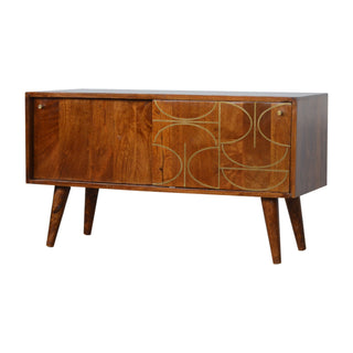 Side angle view of Aurelia Sideboard Cabinet with Gold Abstract Inlay Sliding Doors and Tapered Legs