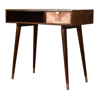Side angle view of Aurelia Writing Desk Solid Wood Rose Gold Fan Drawer with Brass Cap Feet