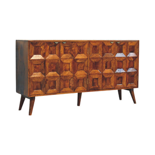 Side angle view of Aurelio Large Sideboard with 3D Carved Geometric Doors and Tapered Legs