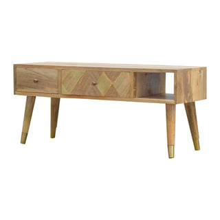 Side angle view of Auric Media Unit Natural Oak Mango Wood Gold Diamond Insert Drawers with Gold-Plated Nordic Legs