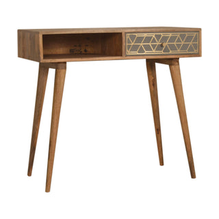 Side angle view of Auric Writing Desk Mango Wood Gold Dice Inlay Drawer with Brass Knob
