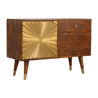 Side angle view of Aurion Small Sideboard with Brass Sunburst Cabinet Door and Brass-Capped Tapered Legs