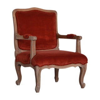Angled view of Aurore Armchair Brick Red Velvet French Style Carved Cabriole