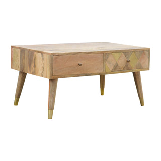 Side angle view of Aurum Coffee Table with Drawers Gold Diamond Inlay Mango Wood Scandi Legs