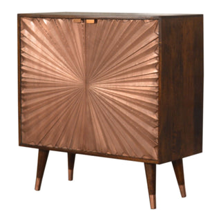Side angle view of Auryn Display Cabinet Copper-Plated Sunburst Twin-Door Chestnut Mango