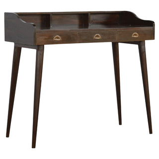 Side angle view of Auryn Writing Desk Mango Wood Triple Drawer with Gallery Back