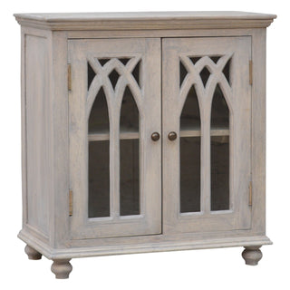 Side angle view of Avelon Small Sideboard Cabinet with Gothic Arch Glazed Doors and Bun Feet