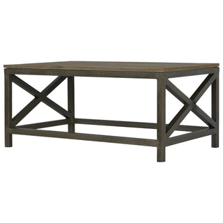 Side angle view of Axel Industrial Coffee Table Mango Wood Top Iron Cross Brace Pewter