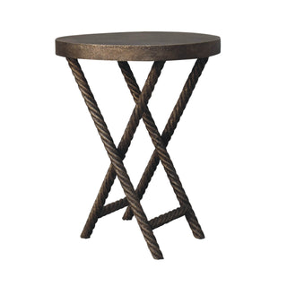 Side angle view of Axel Side Table X-Frame Rope-Twist Metal Legs Round Metallic Mango Wood