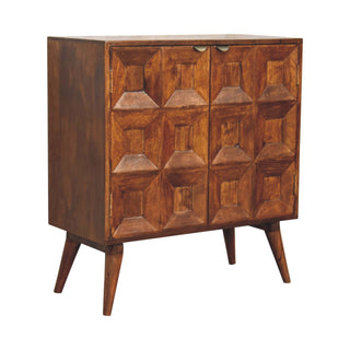 Side angle view of Axiom Display Cabinet 3D Geometric Diamond Relief Chestnut Twin-Door