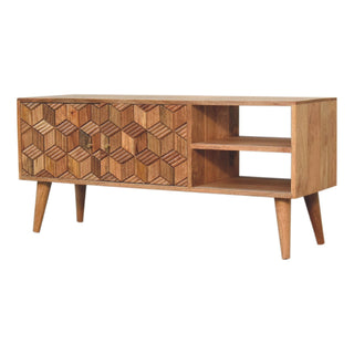 Axiom Media Unit Oak Finish 3D Cube Marquetry Doors Open Shelf – rear view showing oak solid wood construction