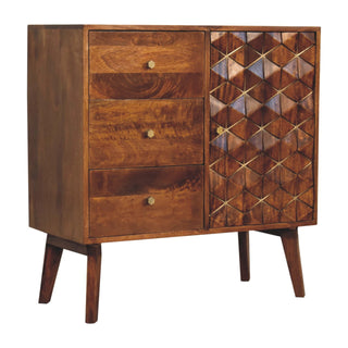 Side angle view of Axis Sideboard Cabinet Brass-Inlaid Geometric Cube Door Three-Drawer Chestnut