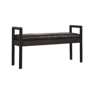 Angled view of Axon Entryway Bench Dark Brown Leather Seat Geometric Frame Raised Post Arms