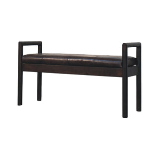 Front view of Axon Entryway Bench Dark Brown Leather Seat Geometric Frame Raised Post Arms