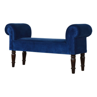 Angled view of Azure Bedroom Bench Royal Blue Velvet Scroll Arms Turned Dark Walnut Legs