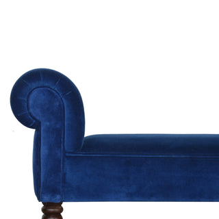 Side view of Azure Bedroom Bench Royal Blue Velvet Scroll Arms Turned Dark Walnut Legs