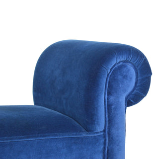 Back view of Azure Bedroom Bench Royal Blue Velvet Scroll Arms Turned Dark Walnut Legs