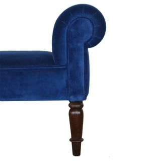 Close-up of fabric texture on Azure Bedroom Bench Royal Blue Velvet Scroll Arms Turned Dark Walnut Legs