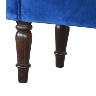 Leg detail view of Azure Bedroom Bench Royal Blue Velvet Scroll Arms Turned Dark Walnut Legs