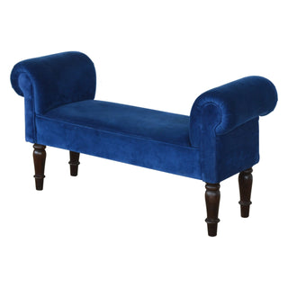 Seat detail view of Azure Bedroom Bench Royal Blue Velvet Scroll Arms Turned Dark Walnut Legs