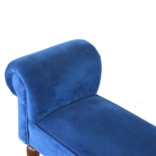 Rear angle view of Azure Bedroom Bench Royal Blue Velvet Scroll Arms Turned Dark Walnut Legs