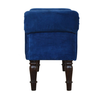 Additional angle of Azure Bedroom Bench Royal Blue Velvet Scroll Arms Turned Dark Walnut Legs
