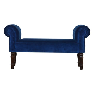 Front view of Azure Bedroom Bench Royal Blue Velvet Scroll Arms Turned Dark Walnut Legs