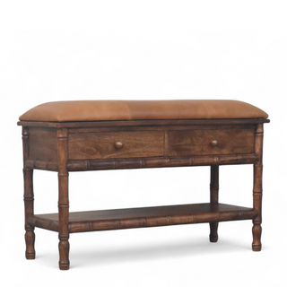 Angled view of Bamboo Carved Solid Wood Storage Bench with solid wood carved