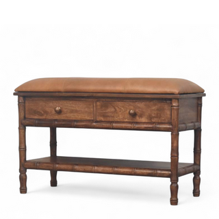 Side view of Bamboo Carved Solid Wood Storage Bench with solid wood carved