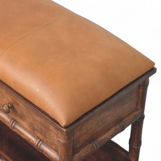 Back view of Bamboo Carved Solid Wood Storage Bench with solid wood carved