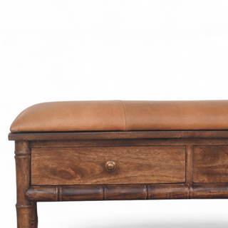 Close-up of carved detail on Bamboo Carved Solid Wood Storage Bench with solid wood carved
