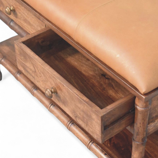 Leg detail view of Bamboo Carved Solid Wood Storage Bench with solid wood carved
