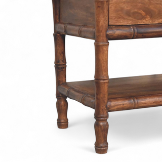 Rear angle view of Bamboo Carved Solid Wood Storage Bench with solid wood carved
