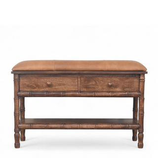 Front view of Bamboo Carved Solid Wood Storage Bench with solid wood carved