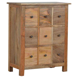 Side angle view of Banke Bathroom Storage Cabinet Nine-Drawer Apothecary Grid Rustic Natural Oak