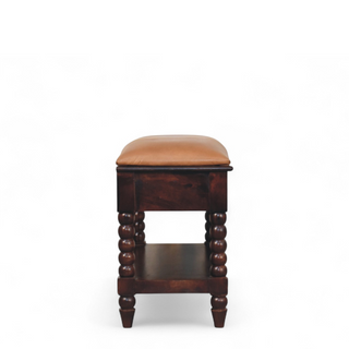Rear angle view of Barclay Solid Wood Upholstered Storage Bench, showing the upholstered seat, legs and silhouette
