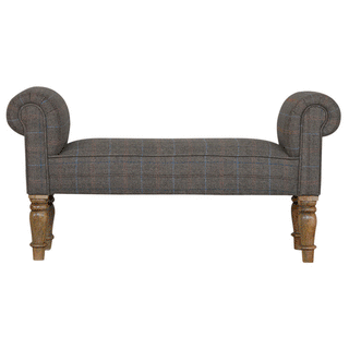 Angled view of Barlow Bedroom Bench Multi Tweed Scroll Arms Turned Natural Oak Legs
