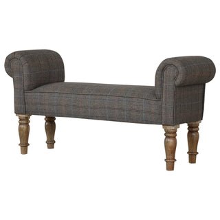 Front view of Barlow Bedroom Bench Multi Tweed Scroll Arms Turned Natural Oak Legs