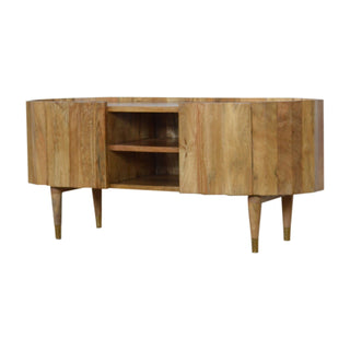 Side angle view of Barrel Media Unit Natural Oak Mango Wood Vertical Ridge-Wrapped Oval Body with Tapered Legs