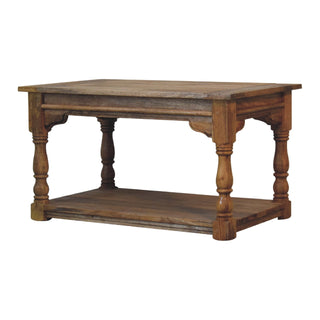 Side angle view of Barrow Coffee Table Solid Mango Wood Hand-Turned Legs Distressed Pegged Top