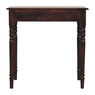 Side angle view of Beaumont Writing Desk Mango Wood California Walnut Carved Fluted Legs