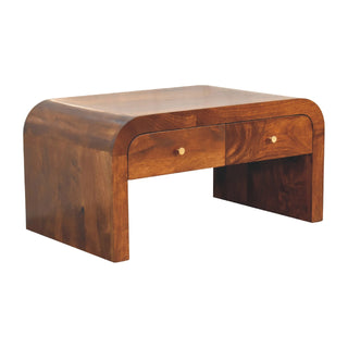 Side angle view of Bento Coffee Table with Drawers Solid Wood Waterfall Body Brass Knobs Chestnut